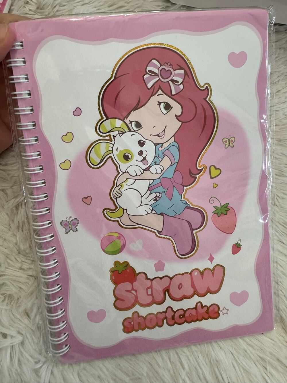 Strawberry Shortcake A5 spiral notebook pink cover featuring girl holding a dog
